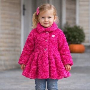 JUICY COUTURE Faux Fur Teddy Peplum Peacoat in Hot Pink.
